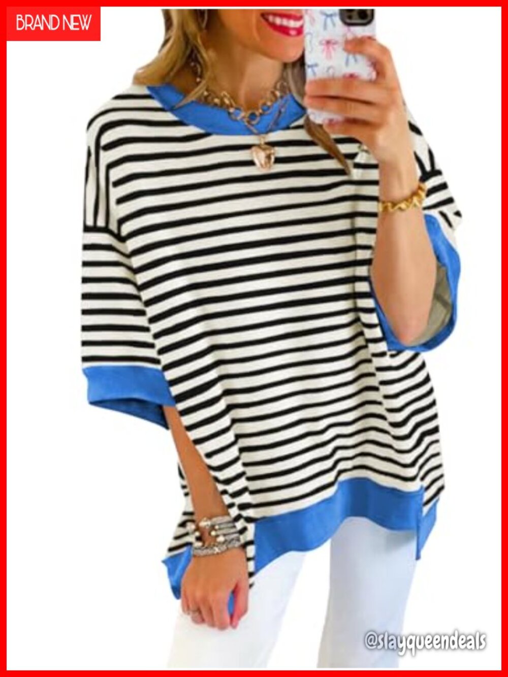 Poetsky Women's Oversized Short Sleeve Striped Sweatshirt Crewneck Pullover